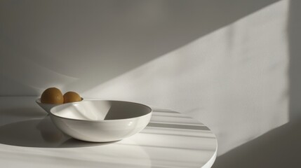 Aufkleber - A white ceramic bowl sits on a white table, with two yellow pears sitting in a smaller white bowl behind it. The table is in a bright, sunlit space, casting shadows on the tabletop. The background is 