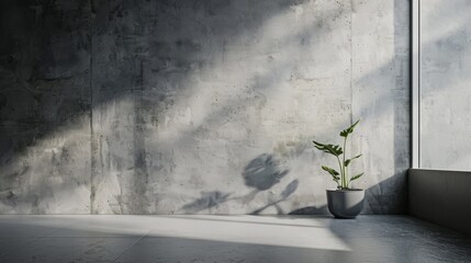 Poster - A single plant, potted in a gray pot, sits in the corner of a room. Sunlight streams in from a nearby window, illuminating the plant and casting shadows on the concrete wall behind it. The floor is a 
