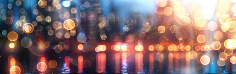 Leinwandbilder - A close-up view of vibrant out-of-focus lights reflecting in puddles of water after a rain shower. The background is blurred with a dark, almost black, color, making the bright lights pop even more.