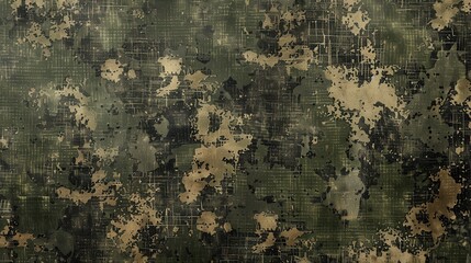 Leinwandbilder - An abstract camouflage pattern features green and beige splotches against a darker green backdrop. A subtle grid pattern overlays the entire image. The colors and shapes create a unique and visually i