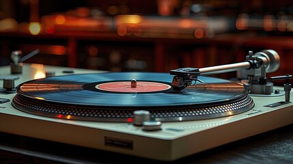 Against a dark background, the record player with a vinyl disc represents a classic and enduring style.