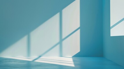Aufkleber - Sunlight shines through a window, casting rectangular shadows on a blue wall. The room has a blue floor and a corner visible in the image. The light patterns create a geometric design.