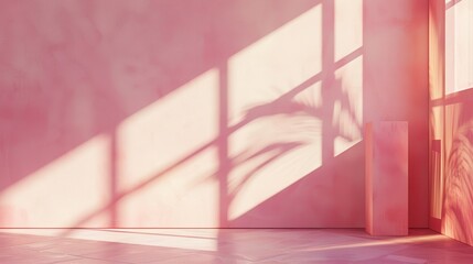 Aufkleber - Sunlight streams through a window, casting a delicate pattern of light and shadow onto the pink wall of an empty room. The warm glow illuminates the floor and creates a soft, inviting ambiance.
