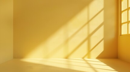 Poster - Sunlight streams through a window in a bright yellow room, casting long shadows on the walls and floor. The warm light creates a calming and inviting atmosphere.