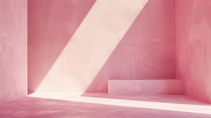 Aufkleber - A minimalist interior space with pale pink walls and a diagonal beam of sunlight cutting through the room. The walls are smooth concrete and there is a small raised platform in the corner of the room.
