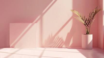 Aufkleber - A potted plant with light brown leaves stands in the corner of a room with pale pink walls. The sun shines through a window, casting long shadows across the room.