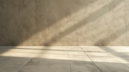 Aufkleber - Sunlight casts long, thin shadows on a textured concrete wall and tiled floor. The light creates a pattern of vertical lines across the surface.