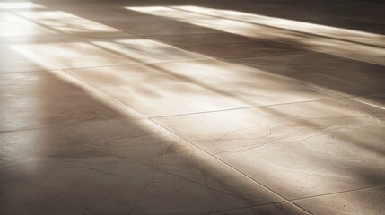 Aufkleber - Sunlight streams through a window, creating long, rectangular shadows on a tiled floor. The tiles are a light beige color with subtle variations in texture. The light casts a warm, inviting glow on th