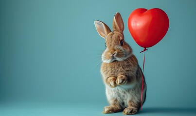 A rabbit holds heart-shaped balloons in front of a blue background.