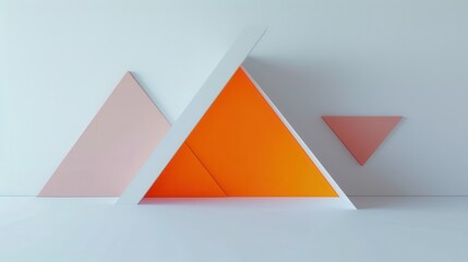 Leinwandbilder - An abstract composition of geometric shapes against a white background. Three triangles are arranged in a way that creates an illusion of depth and dimension. The largest triangle is orange, the secon