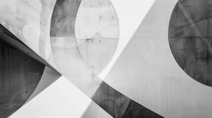 Fototapete - A close-up view of an abstract geometric design on a modern concrete building. The image highlights the use of circular and triangular shapes, with contrasting shades of gray creating a textured and m