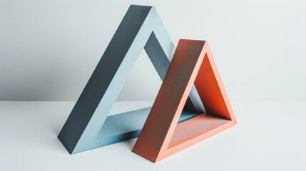 Leinwandbilder - Two triangles, one blue and one orange, lay on a white surface. The blue triangle is larger and is laying over the orange triangle. The edges of the triangles appear to be painted with a glossy finish