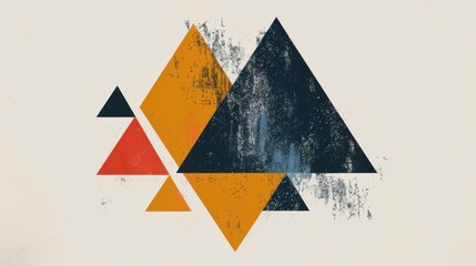 Wall Mural - A series of layered triangles in orange, blue, and red colors are displayed on a cream-colored background. The image appears to have a distressed or grunge-like texture. The triangles are arranged in 