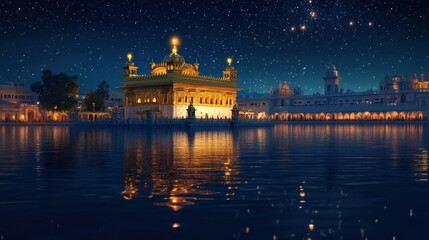 The Golden Temple shines brilliantly at night, illuminating the surrounding water and reflecting the stars above