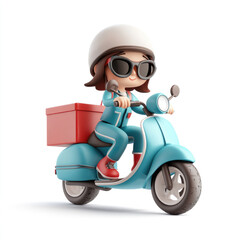 Wall Mural - 3D cartoon, a female courier with a delivery moto scooter. on a solid white background