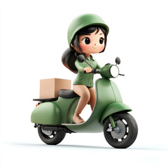 Wall Mural - 3D cartoon, a female courier with a delivery moto scooter. on a solid white background