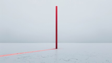 Poster - A single, tall, red line stands upright on a white surface, casting a long, thin shadow across the floor. The light is diffused, creating a soft, even illumination.