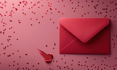 A romantic letter concept features a red envelope with a blank paper card and lipstick kiss on a pink background with confetti for a Valentine's Day card.