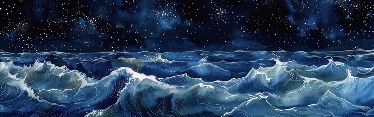 Wall Mural - A watercolor painting depicts a dark blue ocean with white-capped waves rolling under a starry night sky. The water is painted with deep blue tones and white foam, and the night sky is filled with whi