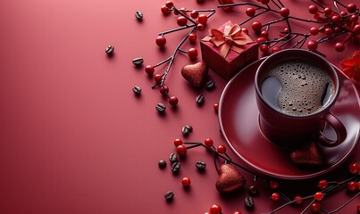 Wall Mural - A Valentine's Day background includes a heart-shaped coffee cup, candies, a gift box, and flowers on a red table in a flat lay view for a greeting card mockup.