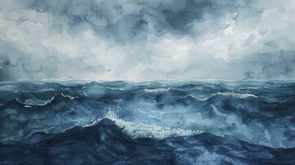 A watercolor painting depicts a stormy sea with choppy waves and a cloudy sky. The water is a deep blue, with white foam cresting the waves. The sky is a light grey, with darker clouds moving across i