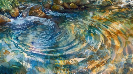 Wall Mural - A small, clear stream flows over rocks in a forest. Sunlight creates a bright, colorful reflection on the water's surface.