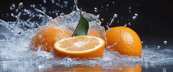 Sticker - Fresh oranges splashing in water with a single green leaf on a black background.