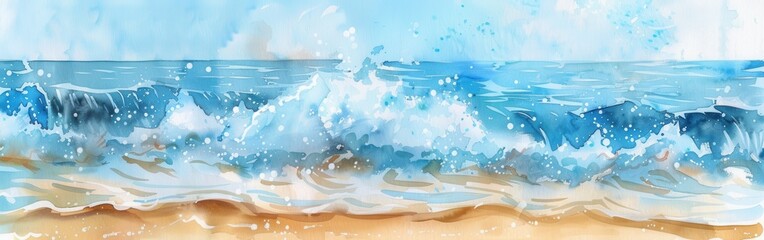 A watercolor painting depicting a serene ocean scene, with turquoise blue waves crashing onto a sandy beach. The light blue sky is partially visible above the waves. The artist has captured the beauty