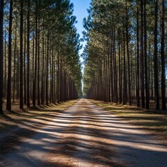 Poster - A dirt road through a pine tree plantation, sunlight casts long shadows.