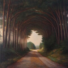 Poster - A dirt road winds through a canopy of trees, creating a tunnel of green.