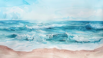 Wall Mural - A watercolor painting depicts a tranquil ocean scene with gentle waves rolling towards a sandy beach. The blue sky above the water is partly obscured by clouds. The artist uses muted shades of blue an