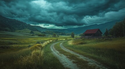 Canvas Print - A dirt road winds through a lush green valley, leading to a rustic cabin nestled beneath a dramatic sky.