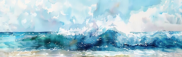 Wall Mural - A watercolor painting depicts a large ocean wave breaking in the foreground, with the water a mixture of blue, green, and white. The sky above is a bright blue with white, fluffy clouds.