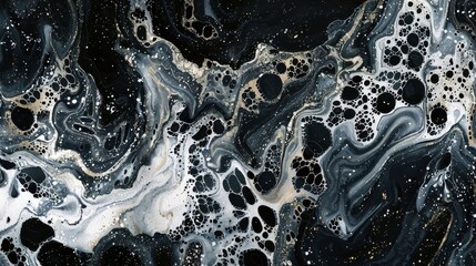 Wall Mural - This abstract image features swirling black, white, and gold liquid that creates a marbled effect. The liquid has a bubbly texture, giving the appearance of a galaxy with stars and nebulae.