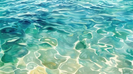 Wall Mural - A close-up shot of a watercolor painting depicting the surface of the ocean, showcasing the intricate patterns of ripples and waves in shades of blue and green. The light reflects off the water, creat