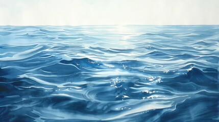 Wall Mural - A watercolor painting depicting the surface of the ocean, with rolling blue waves and sunlight reflecting off the water.