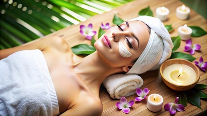 Wall Mural - Beautiful young woman getting a facial treatment at a spa, beauty, skincare, wellness, relaxation, facial, treatment