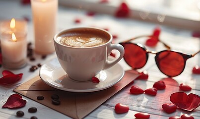 Wall Mural - A Happy Valentine�s Day composition includes a gift box, envelope, candy, coffee cup, heart-shaped candles, and sunglasses on a red background.