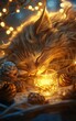 © Ruby Siam - A cozy scene featuring a sleeping cat surrounded by warm lights and pinecones, evoking a peaceful and festive atmosphere.