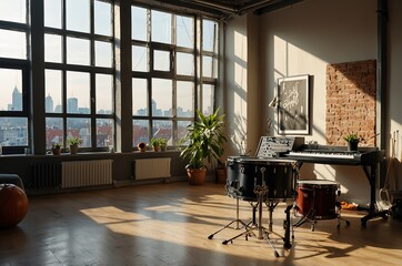 Wall Mural - Establishing Shot: Music Rehearsal Studio in Loft Room with Drum Set in the Middle of It. Stylish Interior with Two Big Windows, Cozy Sofa, Shelves and Plants. Sunny Bright Day and Urban City View.