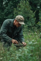 Canvas Print - Man kneeling in field with knife