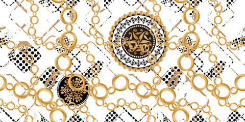 Wall Mural - Seamless pattern decorated with precious stones, gold chains and pearls.	