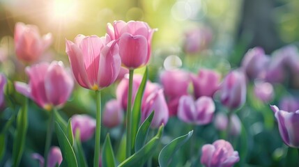 Poster - Pink Tulips Blooming in Spring Sunshine