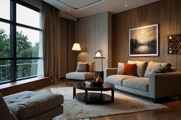 Wall Mural - Interior of living room with cozy grey sofa, armchair and glowing lamps