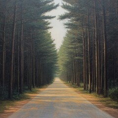 Poster - A long, straight road through a forest of tall pine trees, with a bright sky in the distance.