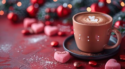 Wall Mural - A happy Valentine�s Day composition includes a festive gift box, a sign of love, heart-shaped candy, and a coffee cup on a red table.