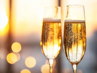 Two elegant champagne glasses sparkling under a sunset, capturing a moment of celebration and sophistication.