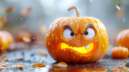 Wall Mural - A funny evil pumpkin with a frowning face and a tooth sticking out of its mouth. Funny smiley face in the form of a pumpkin. The Halloween symbol