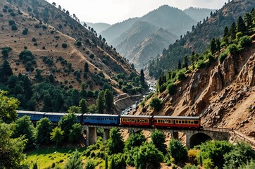 view from moving train on arch bridge over mountain slopes, beautiful view, one side mountain, one s