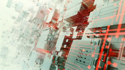 Aufkleber - A digital cityscape with red circuitry flowing through white buildings in a complex and intricate design. The perspective is from above, giving a view of the interconnectedness of the digital network.